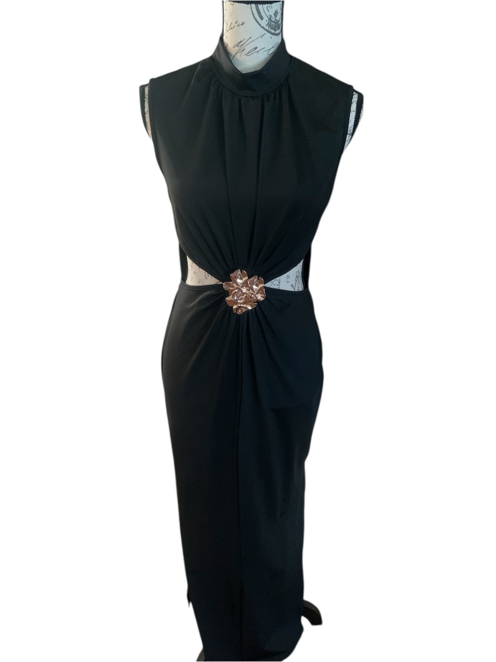 Black Sleeveless Maxi Dress with Gold Buckle Cutout Detail Size Large